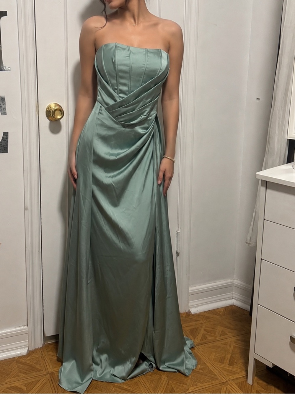SHEIN Strapless Sage Green Satin Evening Dress